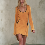 Boho Chic Mustard Frayed Fringe Scoop Neck Long Sleeve Denim Mini Dress