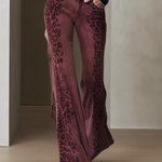 Retro Boho Burgundy Leopard Print Studded Pocket Low Rise Flare Jeans