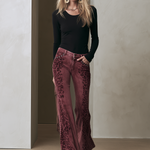 Retro Boho Burgundy Leopard Print Studded Pocket Low Rise Flare Jeans