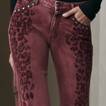 Retro Boho Burgundy Leopard Print Studded Pocket Low Rise Flare Jeans