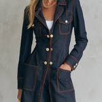 Vintage Chic Dark Rinse Contrast Stitch Double Breasted Longline Denim Blazer