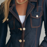 Vintage Chic Dark Rinse Contrast Stitch Double Breasted Longline Denim Blazer