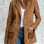 Retro Western Faux Suede Fringe Jacket With Notched Lapels And Pockets