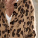 Women's Retro Leopard Print Brown Mohair Cardigan, Vintage Casual Elegant Knit Sweater