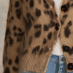 Women's Retro Leopard Print Brown Mohair Cardigan, Vintage Casual Elegant Knit Sweater