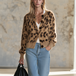 Women's Retro Leopard Print Brown Mohair Cardigan, Vintage Casual Elegant Knit Sweater