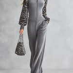 Stylish Gray Fleece Leopard-print Raglan-sleeve Jumpsuit