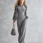 Stylish Gray Fleece Leopard-print Raglan-sleeve Jumpsuit