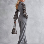 Stylish Gray Fleece Leopard-print Raglan-sleeve Jumpsuit