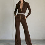 Fashionable Sporty Slim Fit Cargo Workwear Chocolate Knit Cotton Zip-up Jumpsuit