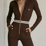 Fashionable Sporty Slim Fit Cargo Workwear Chocolate Knit Cotton Zip-up Jumpsuit