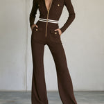 Fashionable Sporty Slim Fit Cargo Workwear Chocolate Knit Cotton Zip-up Jumpsuit
