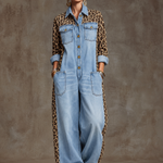 Loose-fitting Retro Leopard Print Patchwork Light Blue Denim Wide-leg Jumpsuit