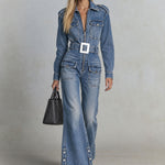 Fashionable Retro Washed Blue Collared Zippered Multi-pocket Denim Jumpsuit