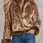 Stylish Retro Faux Fur Collar Brown Deer Print Velvet Jacket