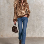 Stylish Retro Faux Fur Collar Brown Deer Print Velvet Jacket