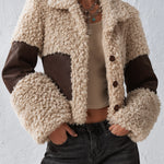 Stylish and Warm Cream and Brown Colorblock Cropped Faux Shearling Coat