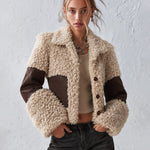 Stylish and Warm Cream and Brown Colorblock Cropped Faux Shearling Coat