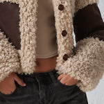 Stylish and Warm Cream and Brown Colorblock Cropped Faux Shearling Coat