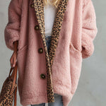 Casual Vintage Lazy Pink Leopard Trim Oversized Sherpa Fleece Hooded Teddy Coat