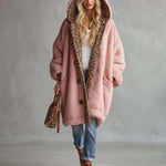 Casual Vintage Lazy Pink Leopard Trim Oversized Sherpa Fleece Hooded Teddy Coat