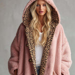 Casual Vintage Lazy Pink Leopard Trim Oversized Sherpa Fleece Hooded Teddy Coat