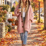Casual Vintage Lazy Pink Leopard Trim Oversized Sherpa Fleece Hooded Teddy Coat