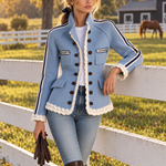 Vintage Military Blue Double-Breasted Stand Collar Striped Sleeve Fringe Trim Fitted Band Jacket