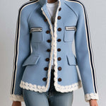 Vintage Military Blue Double-Breasted Stand Collar Striped Sleeve Fringe Trim Fitted Band Jacket