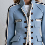 Vintage Military Blue Double-Breasted Stand Collar Striped Sleeve Fringe Trim Fitted Band Jacket