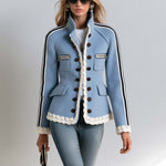 Vintage Military Blue Double-Breasted Stand Collar Striped Sleeve Fringe Trim Fitted Band Jacket