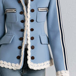 Vintage Military Blue Double-Breasted Stand Collar Striped Sleeve Fringe Trim Fitted Band Jacket
