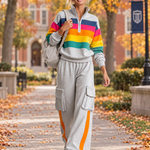 Retro Rainbow Striped Quarter Zip Sweatshirt Cargo Wide Leg Sweatpants Two Piece Set