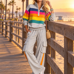 Retro Rainbow Striped Quarter Zip Sweatshirt Cargo Wide Leg Sweatpants Two Piece Set