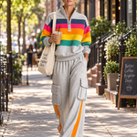 Retro Rainbow Striped Quarter Zip Sweatshirt Cargo Wide Leg Sweatpants Two Piece Set