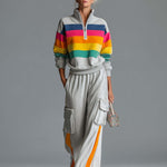 Retro Rainbow Striped Quarter Zip Sweatshirt Cargo Wide Leg Sweatpants Two Piece Set