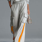Retro Rainbow Striped Quarter Zip Sweatshirt Cargo Wide Leg Sweatpants Two Piece Set