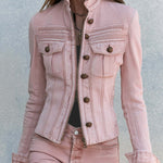 Vintage Military Stand Collar Zip-Up Gold Button Fitted Washed Pink Denim Jacket
