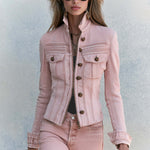 Vintage Military Stand Collar Zip-Up Gold Button Fitted Washed Pink Denim Jacket