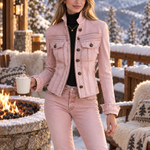 Vintage Military Stand Collar Zip-Up Gold Button Fitted Washed Pink Denim Jacket