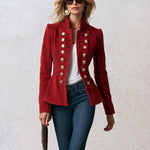 Vintage Military Red Double Breasted Peplum Stand Collar Gold Button Denim Jacket