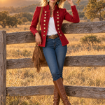 Vintage Military Red Double Breasted Peplum Stand Collar Gold Button Denim Jacket