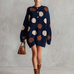 Retro Chic Navy Polka Dot Henley Oversized Chunky Knit Mini Sweater Dress