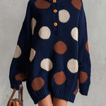 Retro Chic Navy Polka Dot Henley Oversized Chunky Knit Mini Sweater Dress