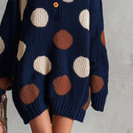 Retro Chic Navy Polka Dot Henley Oversized Chunky Knit Mini Sweater Dress