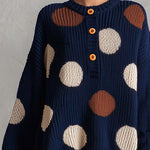 Retro Chic Navy Polka Dot Henley Oversized Chunky Knit Mini Sweater Dress