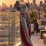 Retro-chic Color-blocked Leopard Print Trim Grey Velvet Top And Pants Set