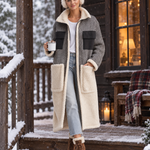 Casual Vintage Grey Herringbone Fleece Patchwork Pocket Zip-Up Long Sherpa Coat