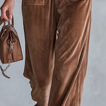 Casual Utility-style Brown Velvet Multi-pocket Jumpsuit