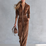 Casual Utility-style Brown Velvet Multi-pocket Jumpsuit